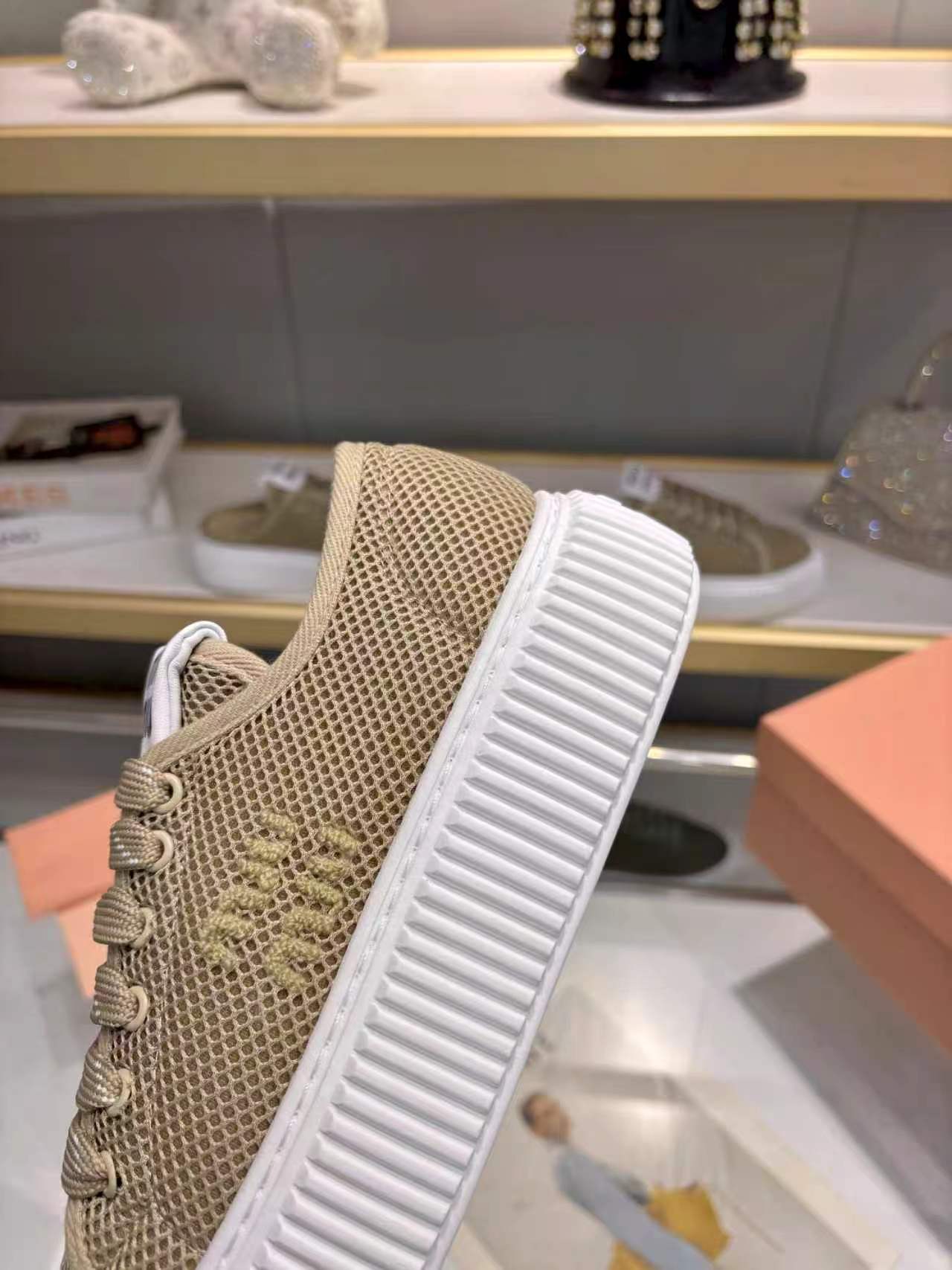 MIUMIU 26S SNEAKER 45MM IN OLIVE GREEN MESH FABRIC