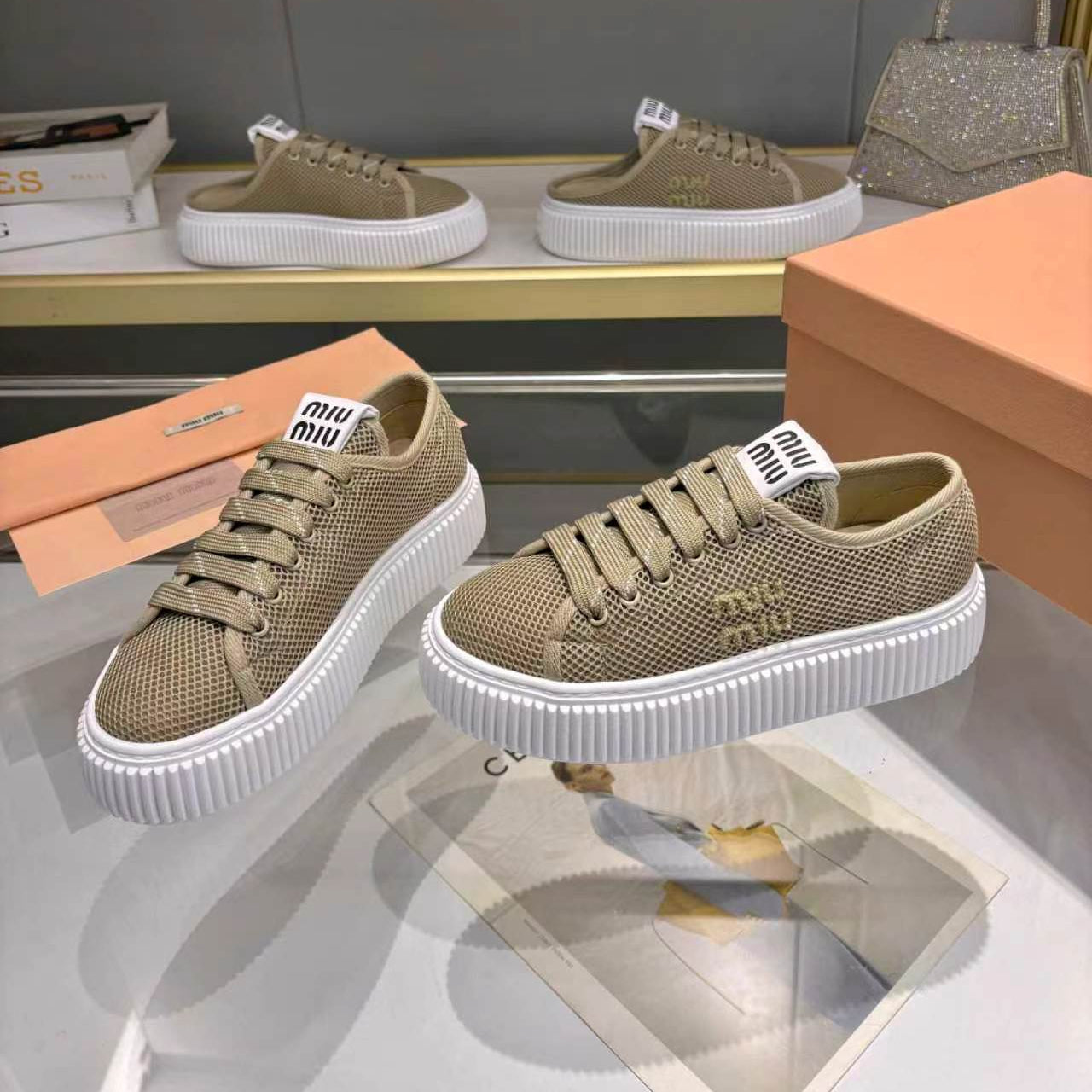 MIUMIU 26S SNEAKER 45MM IN OLIVE GREEN MESH FABRIC
