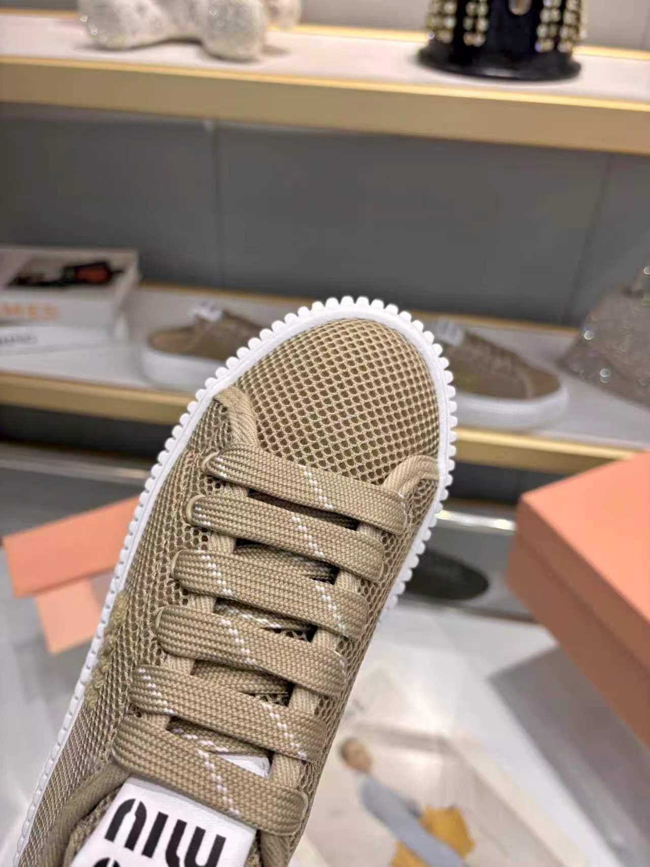 MIUMIU 26S SNEAKER 45MM IN OLIVE GREEN MESH FABRIC