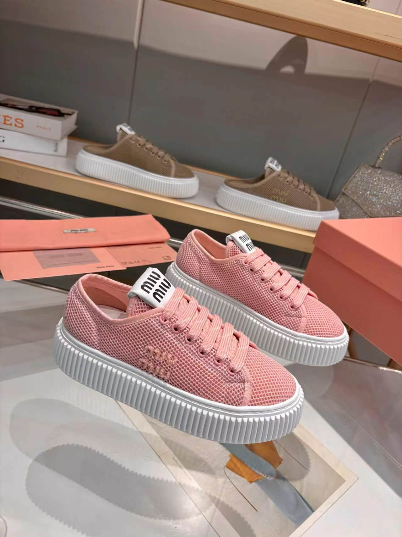 MIUMIU 26S SNEAKER 45MM IN PINK MESH FABRIC