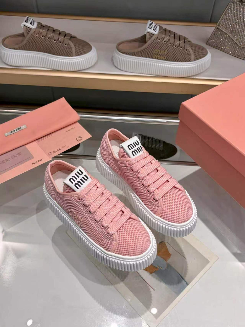 MIUMIU 26S SNEAKER 45MM IN PINK MESH FABRIC
