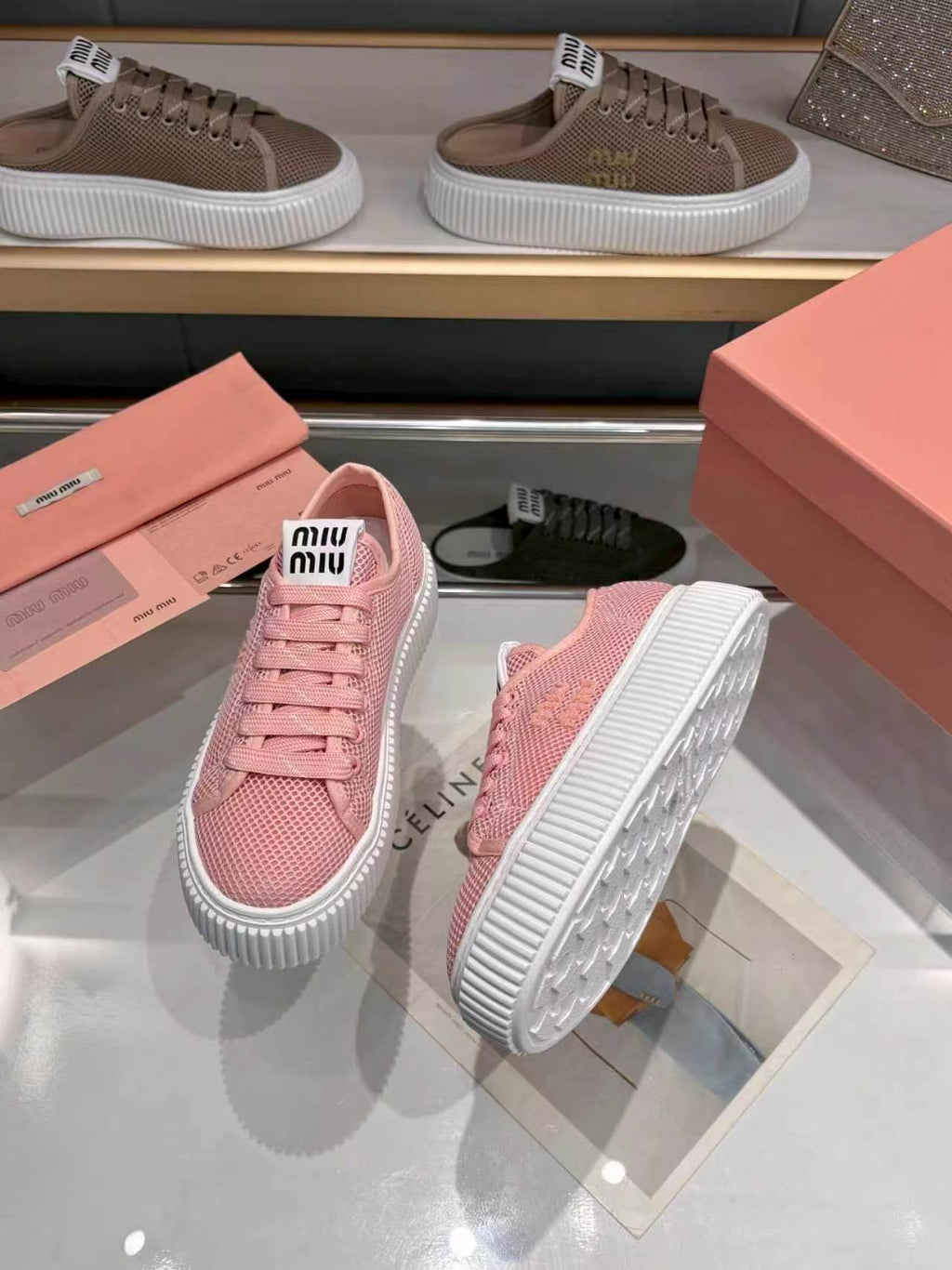 MIUMIU 26S SNEAKER 45MM IN PINK MESH FABRIC
