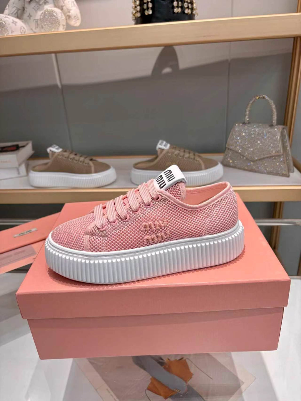 MIUMIU 26S SNEAKER 45MM IN PINK MESH FABRIC