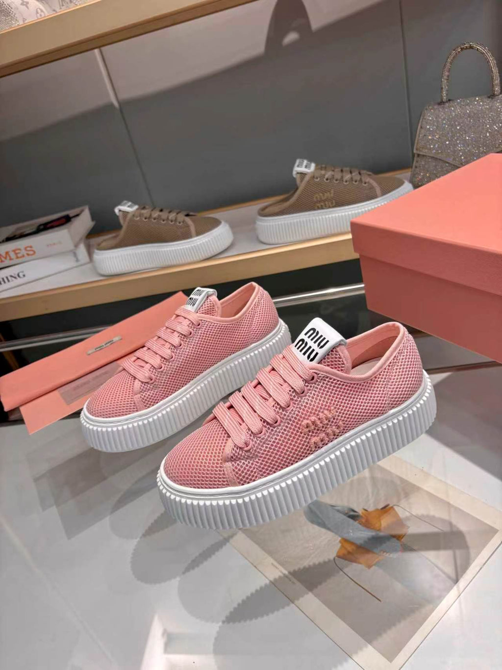 MIUMIU 26S SNEAKER 45MM IN PINK MESH FABRIC