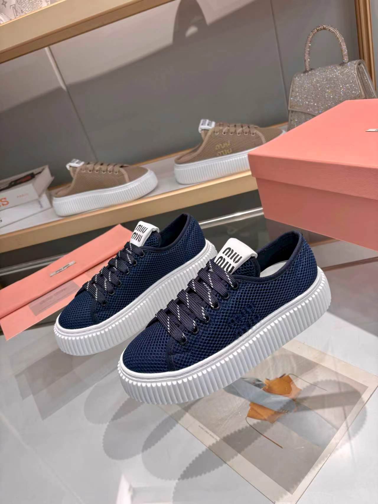 MIUMIU 26S SNEAKER 45MM IN NAVY BLUE MESH FABRIC