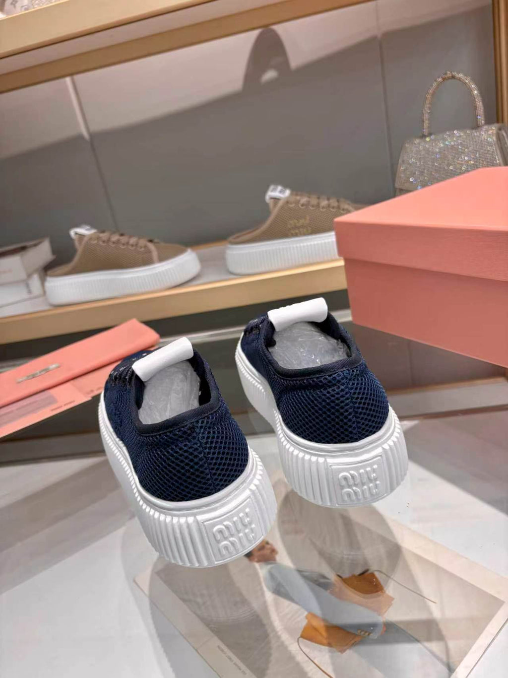 MIUMIU 26S SNEAKER 45MM IN NAVY BLUE MESH FABRIC