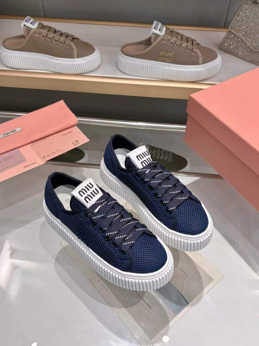 MIUMIU 26S SNEAKER 45MM IN NAVY BLUE MESH FABRIC
