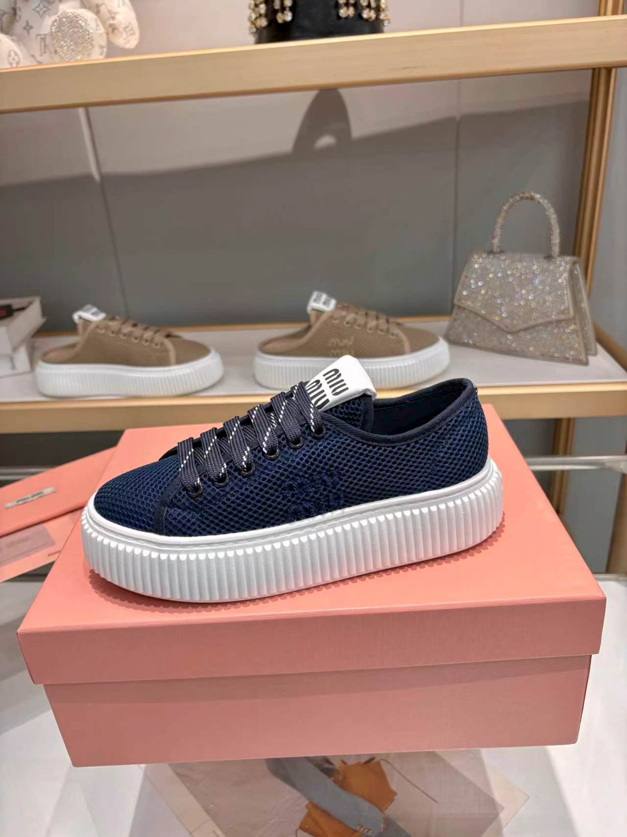 MIUMIU 26S SNEAKER 45MM IN NAVY BLUE MESH FABRIC