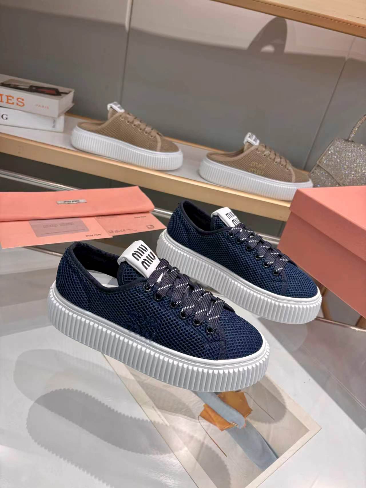 MIUMIU 26S SNEAKER 45MM IN NAVY BLUE MESH FABRIC