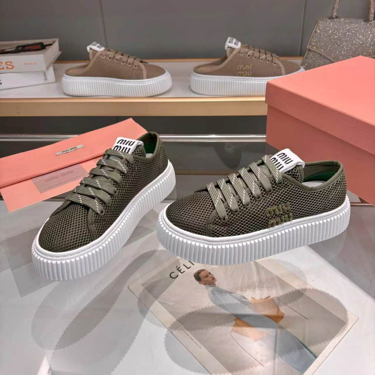MIUMIU 26S SNEAKER 45MM IN DARK OLIVE GREEN MESH FABRIC