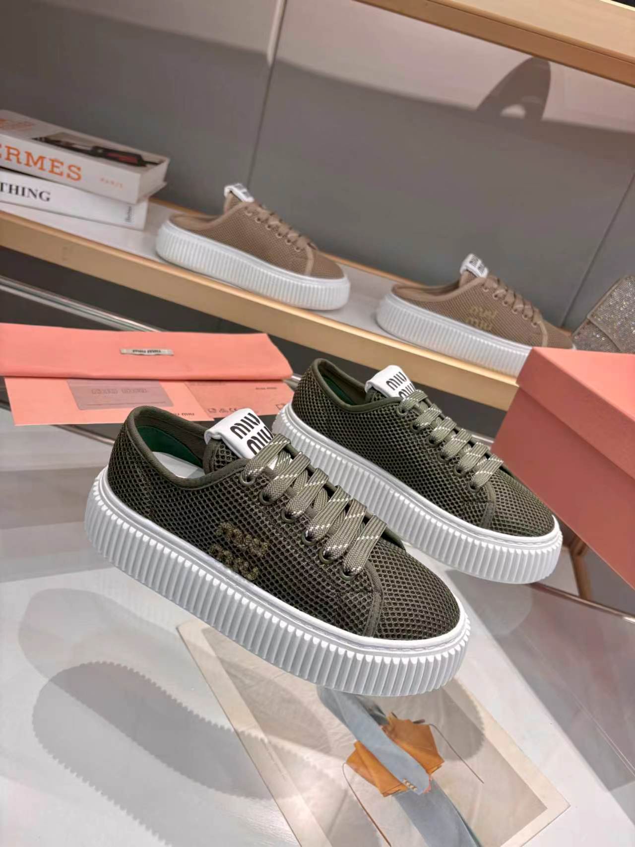 MIUMIU 26S SNEAKER 45MM IN DARK OLIVE GREEN MESH FABRIC