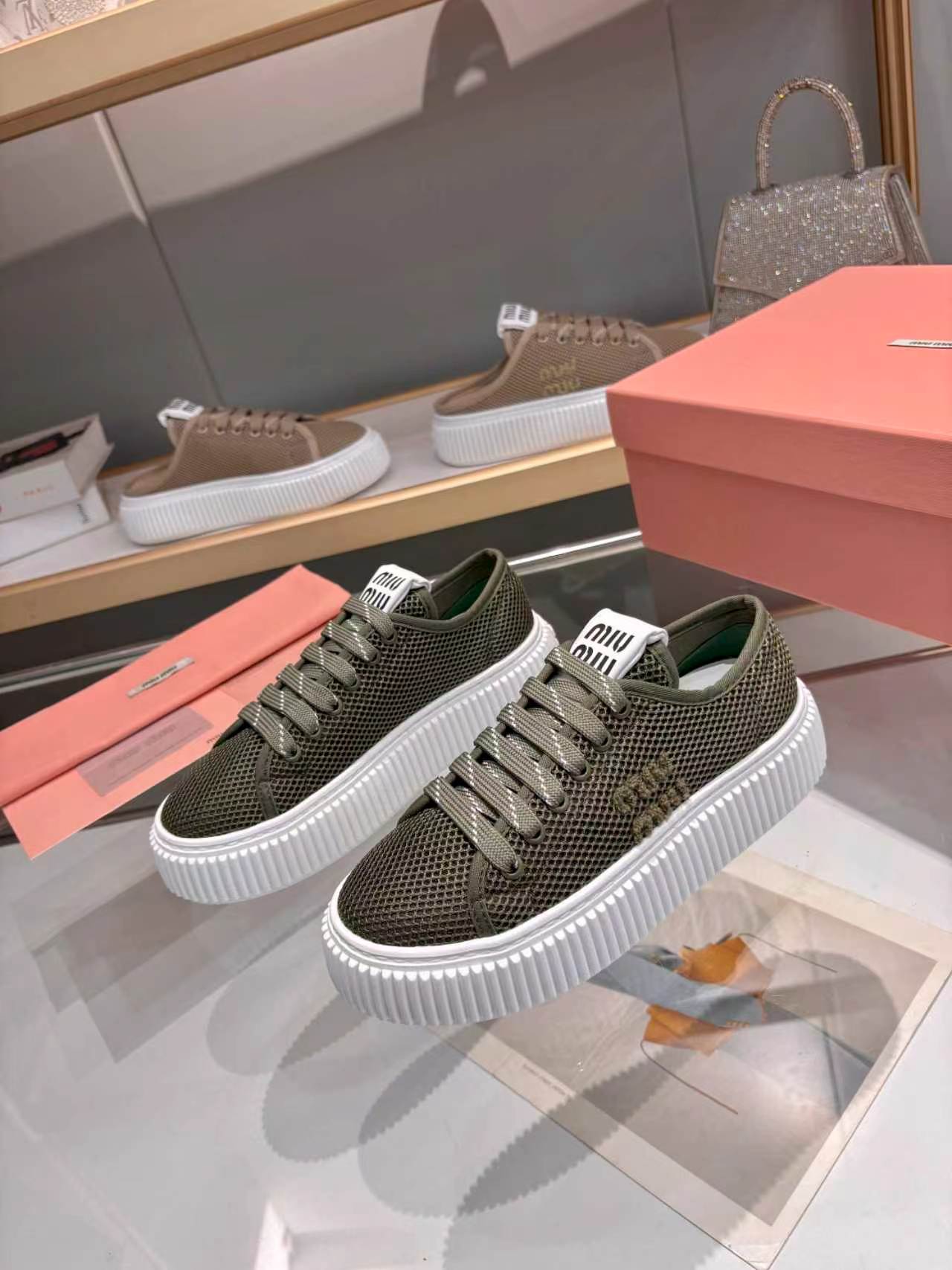 MIUMIU 26S SNEAKER 45MM IN DARK OLIVE GREEN MESH FABRIC