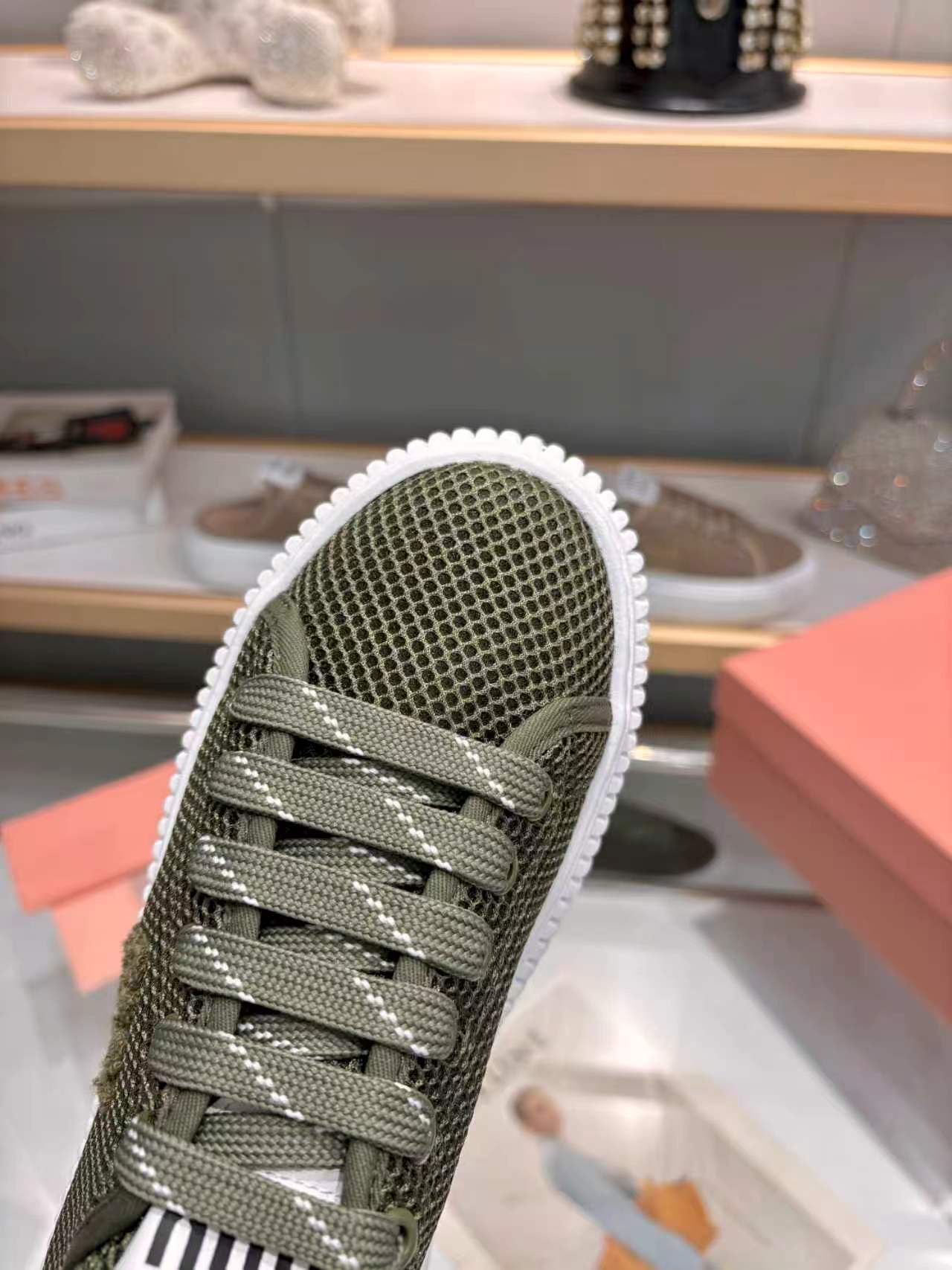 MIUMIU 26S SNEAKER 45MM IN DARK OLIVE GREEN MESH FABRIC