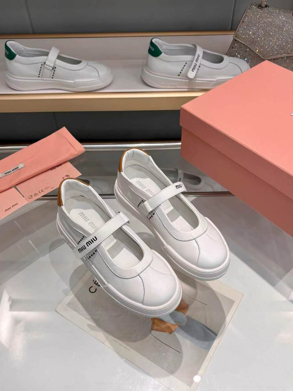 MIUMIU 26S MARY JANE BALLERINAS IN WHITE AND TAN BROWN CALFSKIN