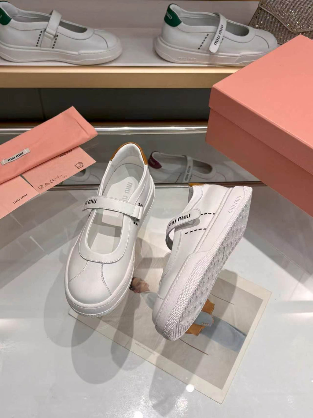 MIUMIU 26S MARY JANE BALLERINAS IN WHITE AND TAN BROWN CALFSKIN