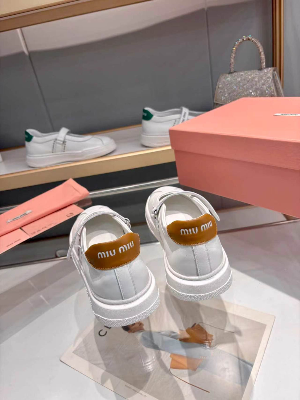 MIUMIU 26S MARY JANE BALLERINAS IN WHITE AND TAN BROWN CALFSKIN