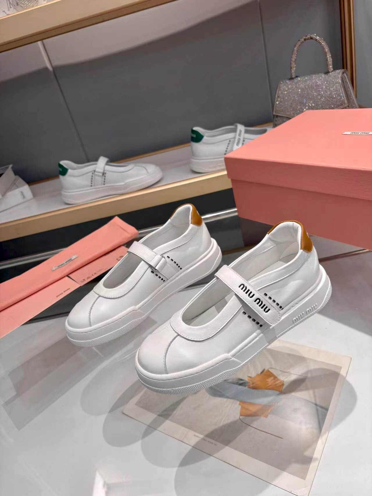 MIUMIU 26S MARY JANE BALLERINAS IN WHITE AND TAN BROWN CALFSKIN