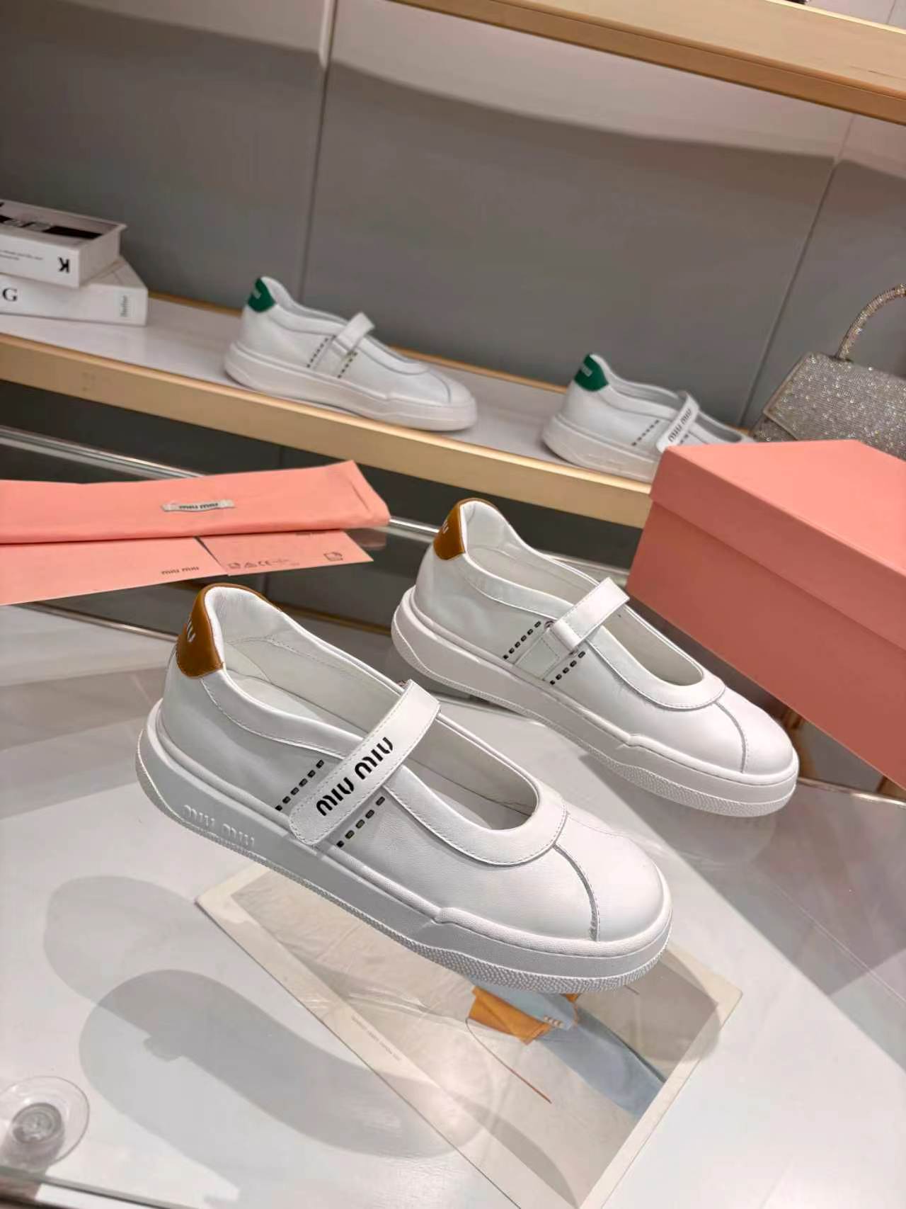 MIUMIU 26S MARY JANE BALLERINAS IN WHITE AND TAN BROWN CALFSKIN