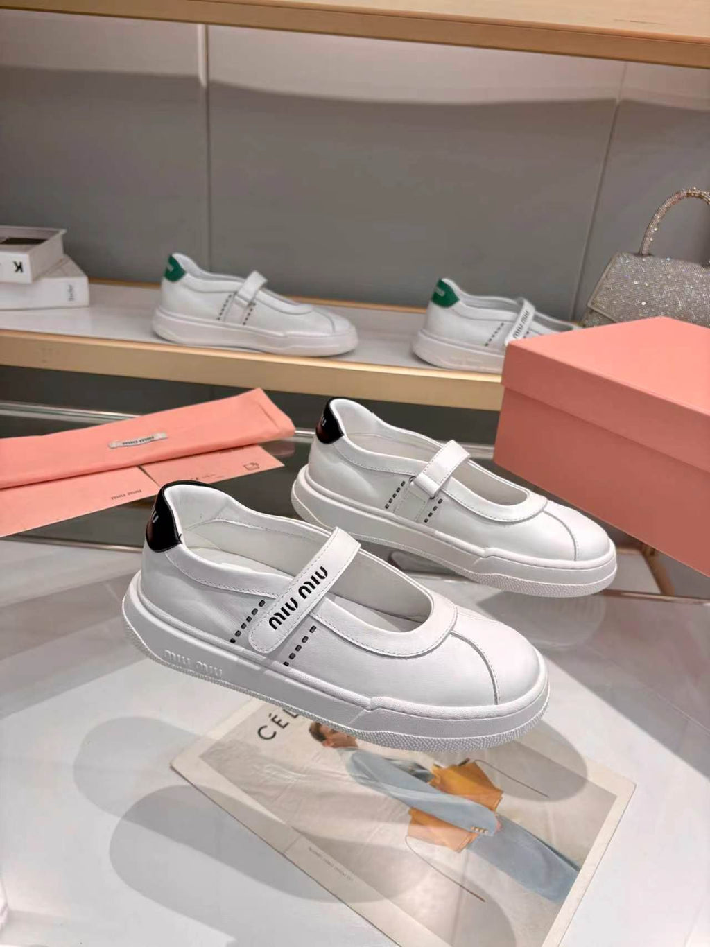 MIUMIU 26S MARY JANE BALLERINAS IN WHITE AND BLACK CALFSKIN
