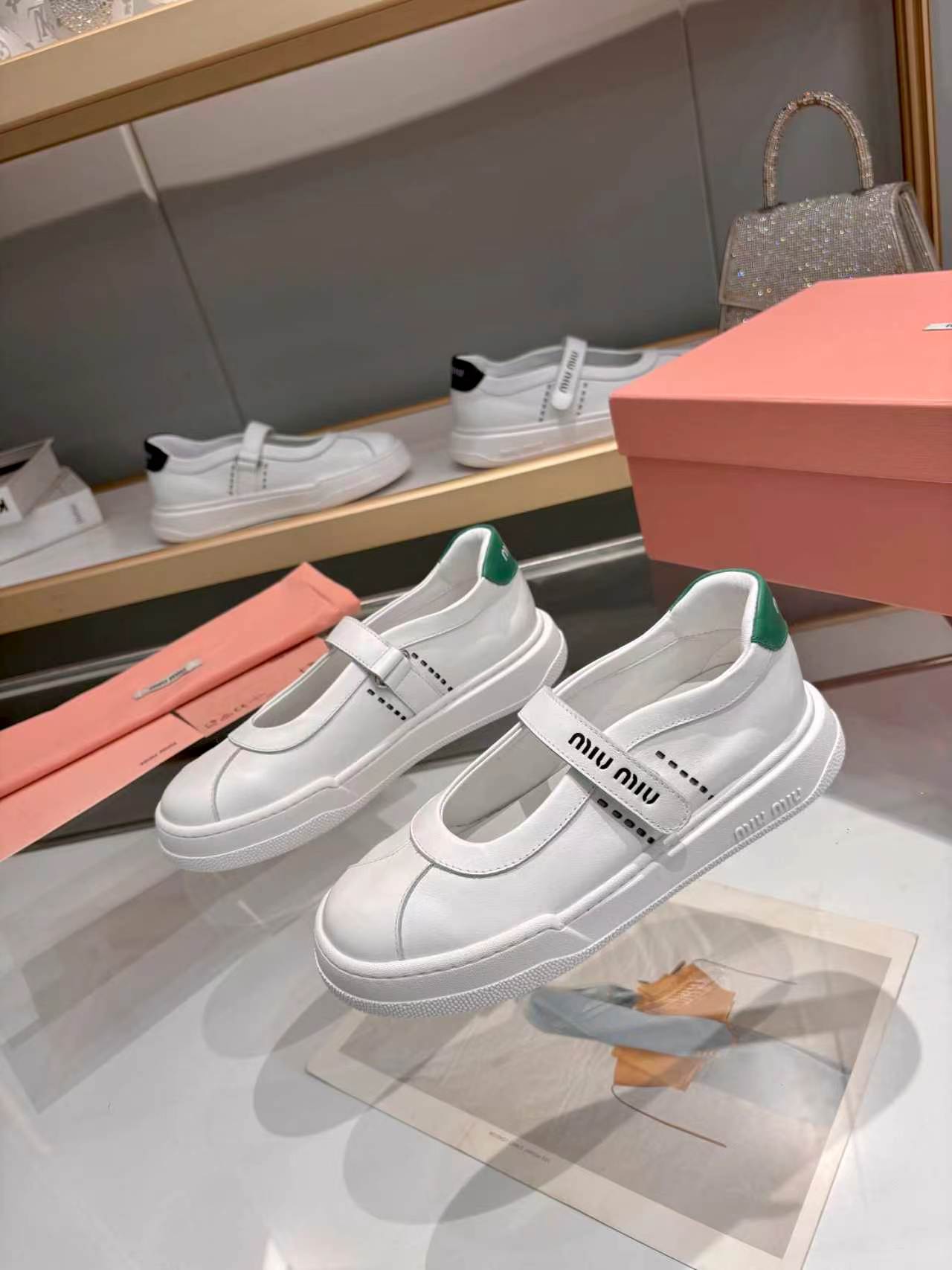 MIUMIU 26S MARY JANE BALLERINAS IN WHITE AND GREEN CALFSKIN