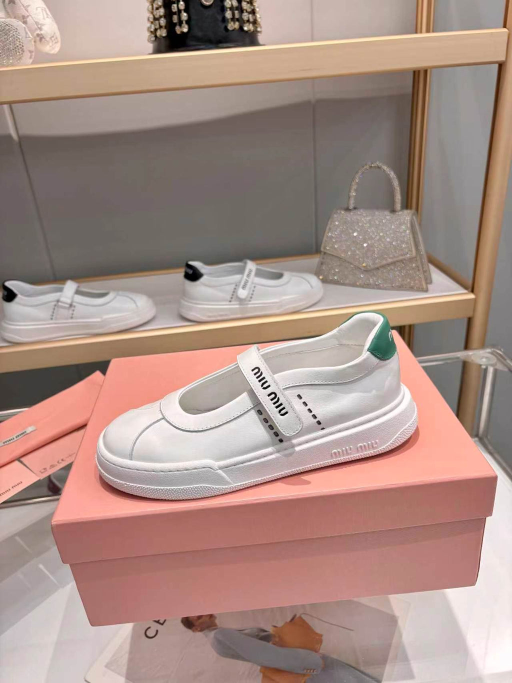 MIUMIU 26S MARY JANE BALLERINAS IN WHITE AND GREEN CALFSKIN