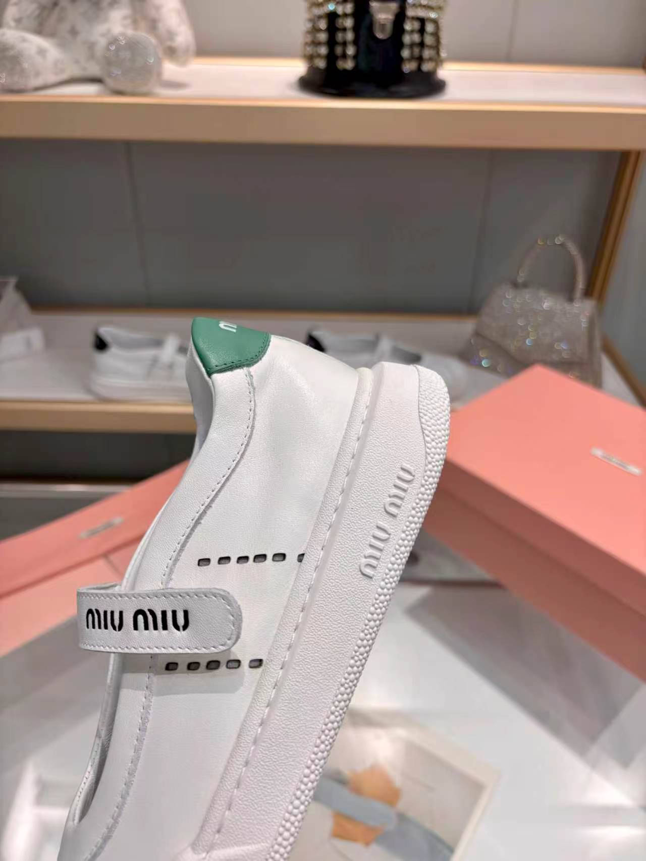 MIUMIU 26S MARY JANE BALLERINAS IN WHITE AND GREEN CALFSKIN