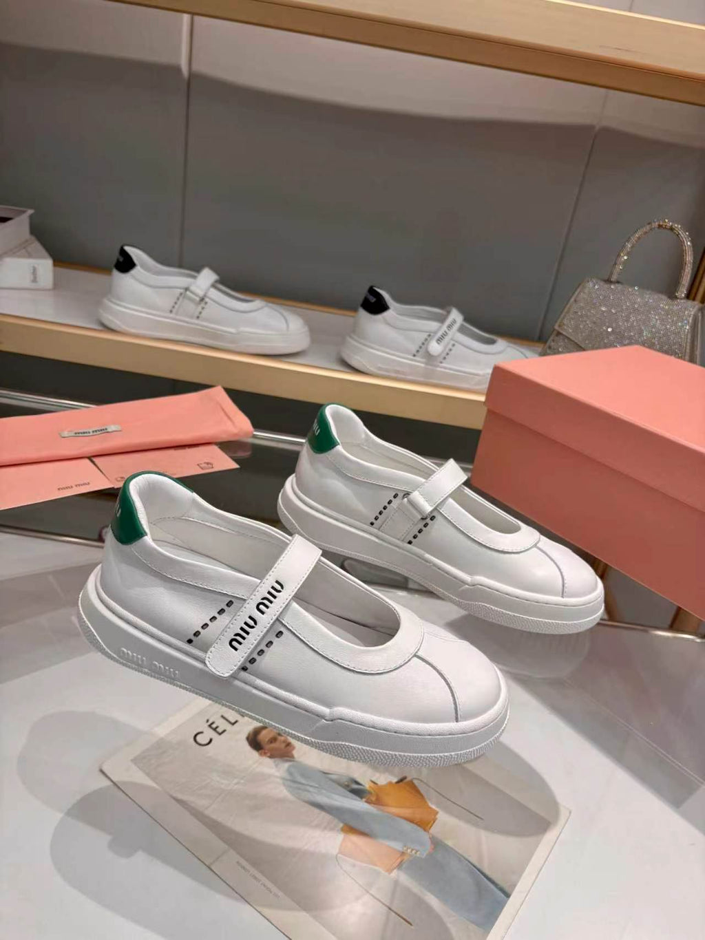 MIUMIU 26S MARY JANE BALLERINAS IN WHITE AND GREEN CALFSKIN