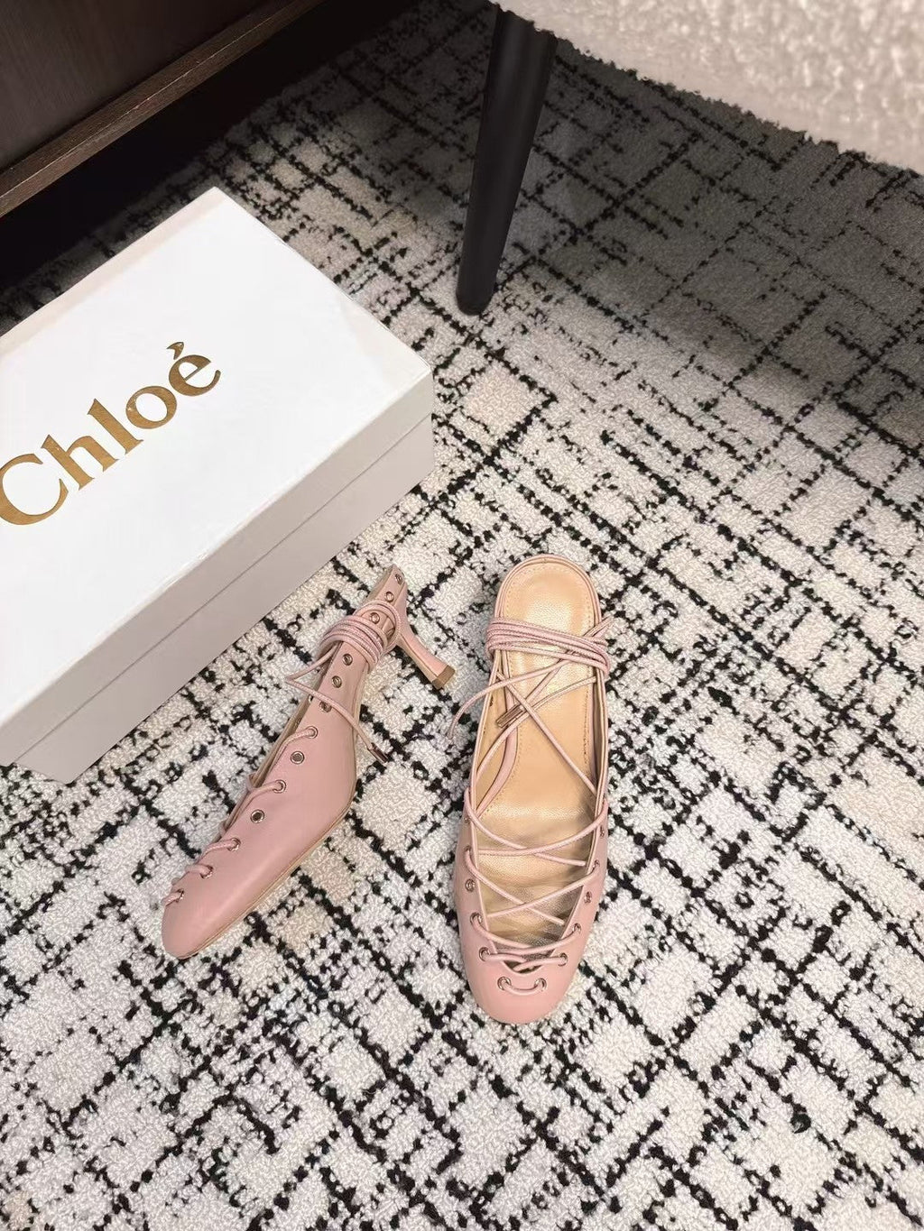 CHLOÉ 26S LACE-UP HEELS 60 MM IN NUDE PINK CALFSKIN