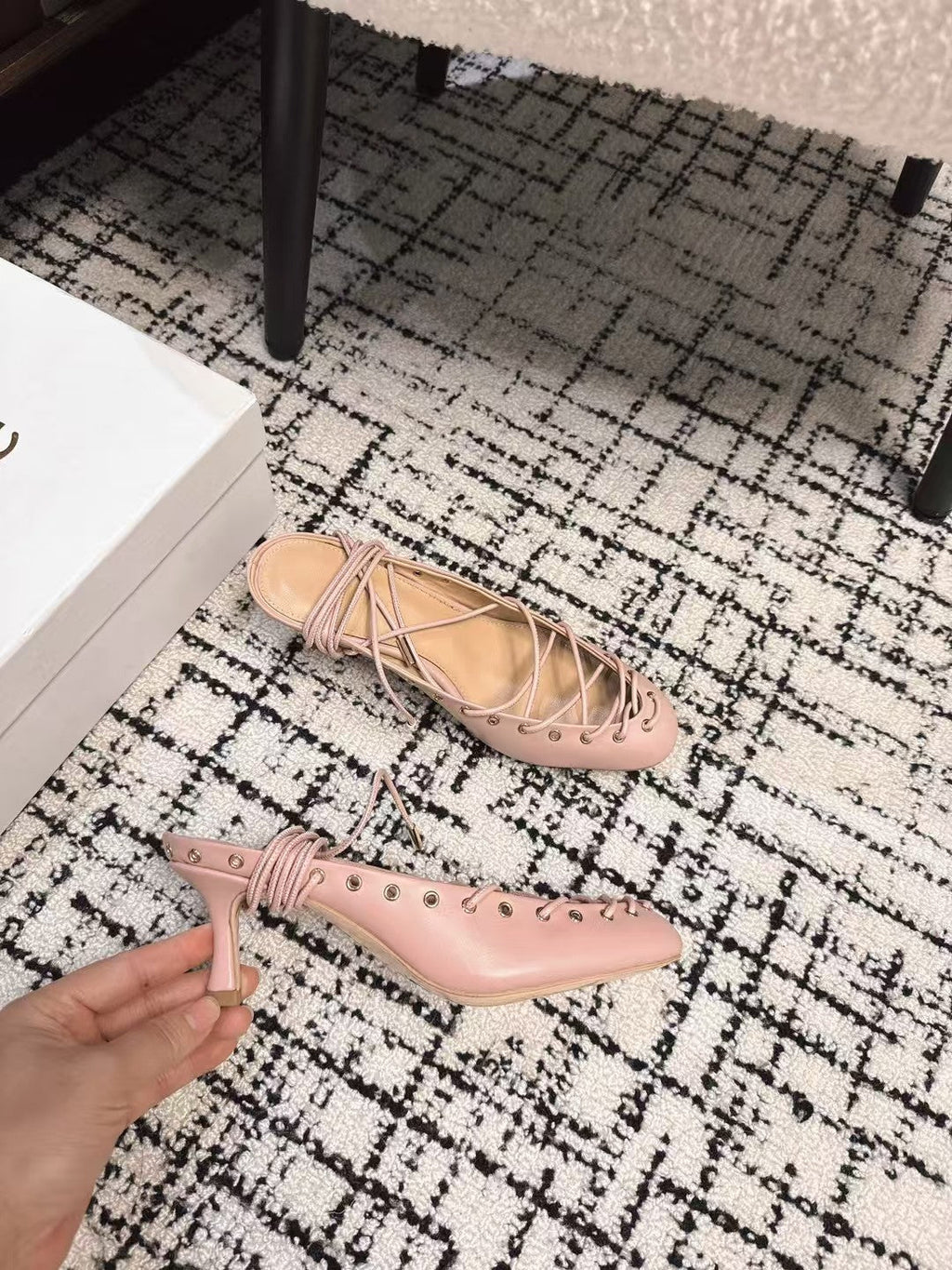 CHLOÉ 26S LACE-UP HEELS 60 MM IN NUDE PINK CALFSKIN