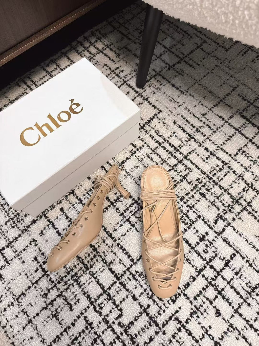 CHLOÉ 26S LACE-UP HEELS 60 MM IN NUDE BEIGE CALFSKIN
