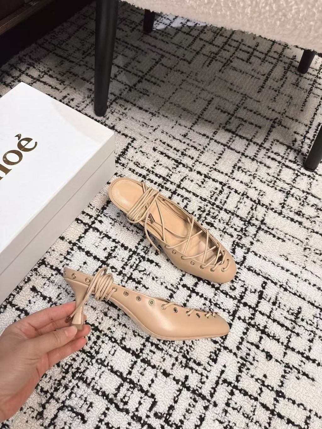 CHLOÉ 26S LACE-UP HEELS 60 MM IN NUDE BEIGE CALFSKIN