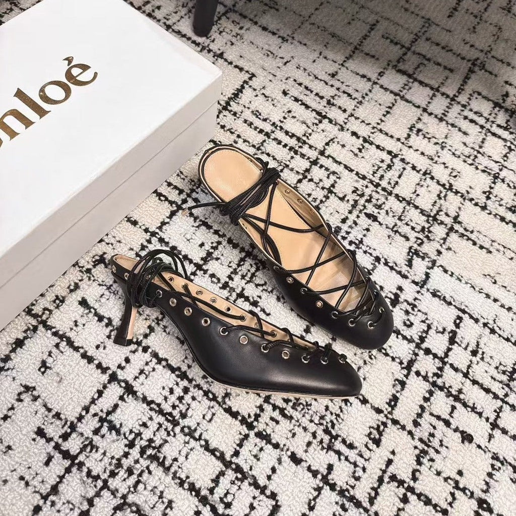 CHLOÉ 26S LACE-UP HEELS 60 MM IN BLACK CALFSKIN