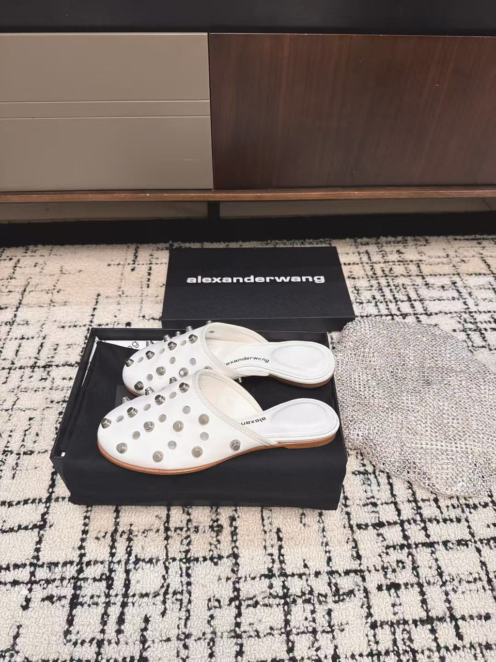 RHODES STUDDED FLAT MULE IN WHITE CALFSKIN