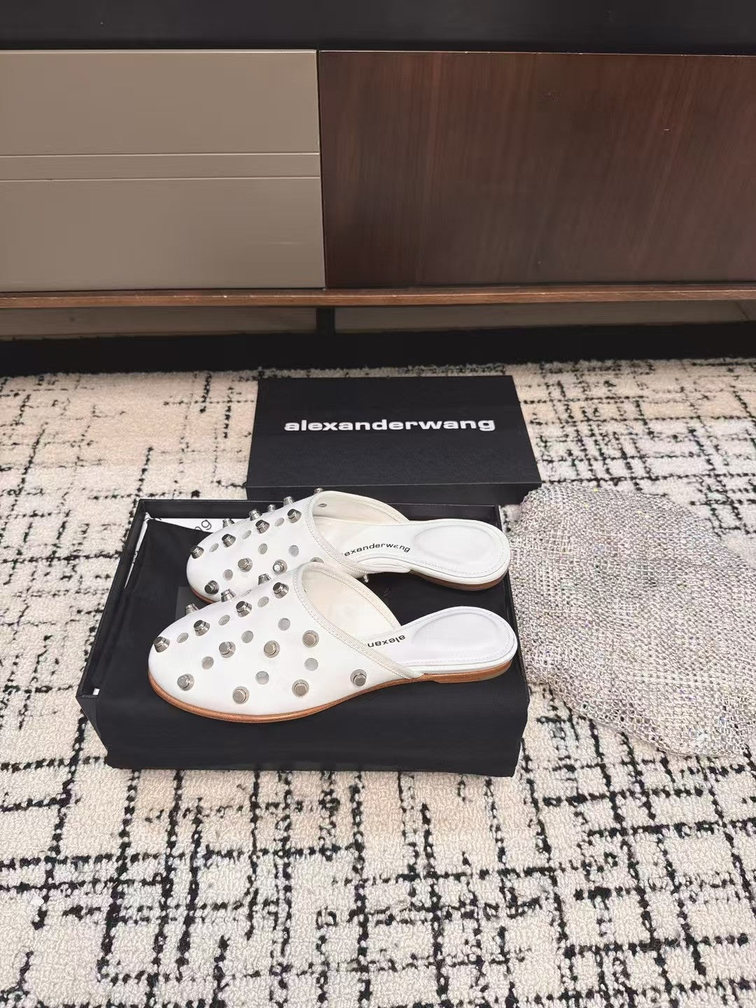 RHODES STUDDED FLAT MULE IN WHITE CALFSKIN