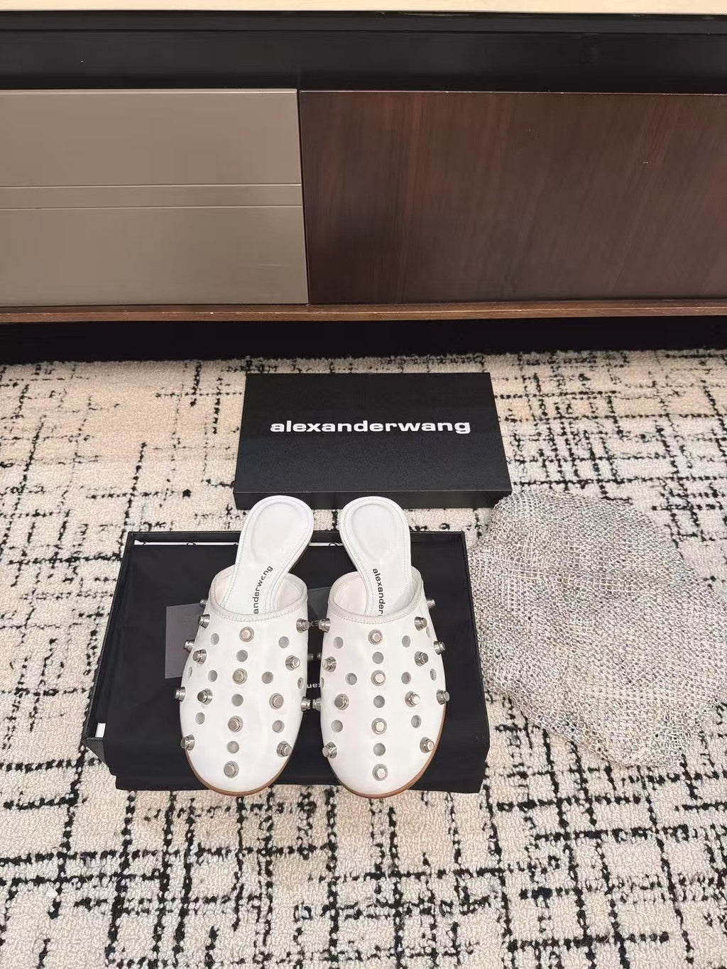 RHODES STUDDED FLAT MULE IN WHITE CALFSKIN