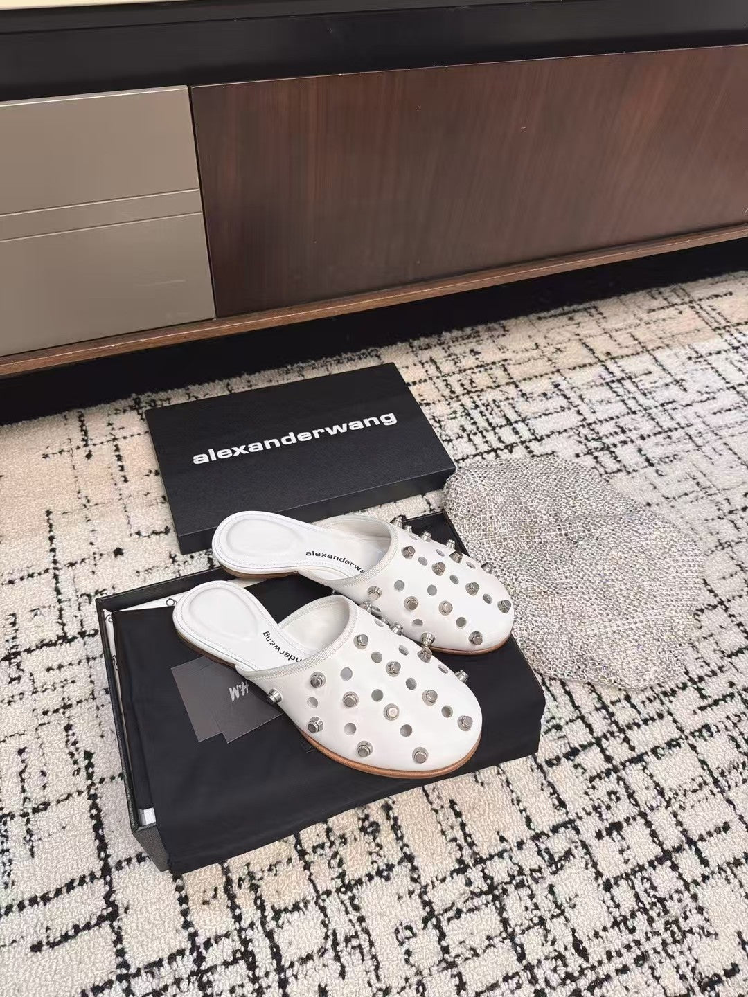 RHODES STUDDED FLAT MULE IN WHITE CALFSKIN