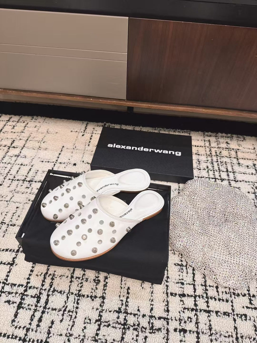 RHODES STUDDED FLAT MULE IN WHITE CALFSKIN
