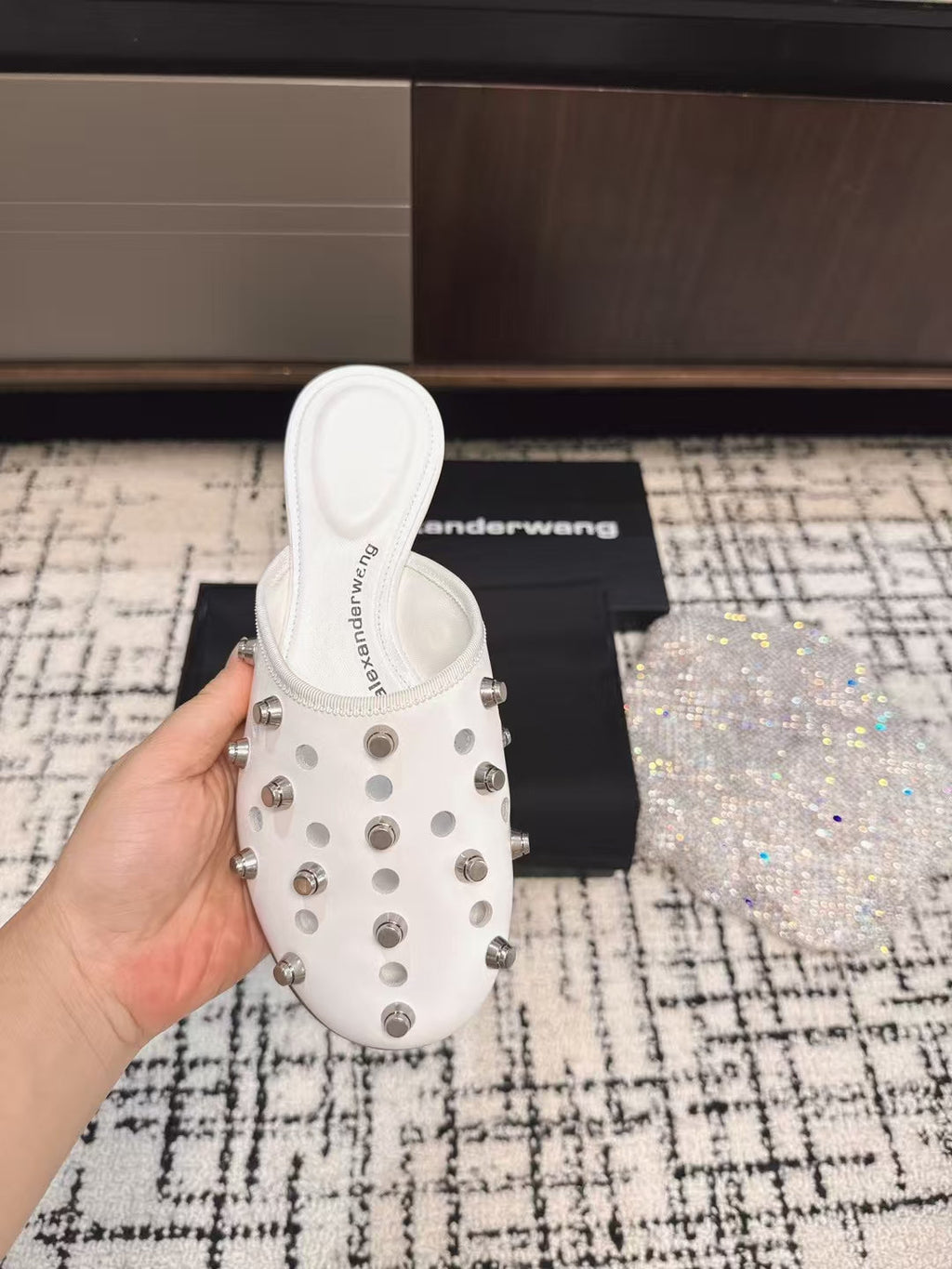 RHODES STUDDED FLAT MULE IN WHITE CALFSKIN