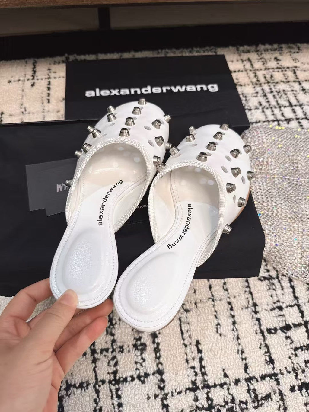 RHODES STUDDED FLAT MULE IN WHITE CALFSKIN
