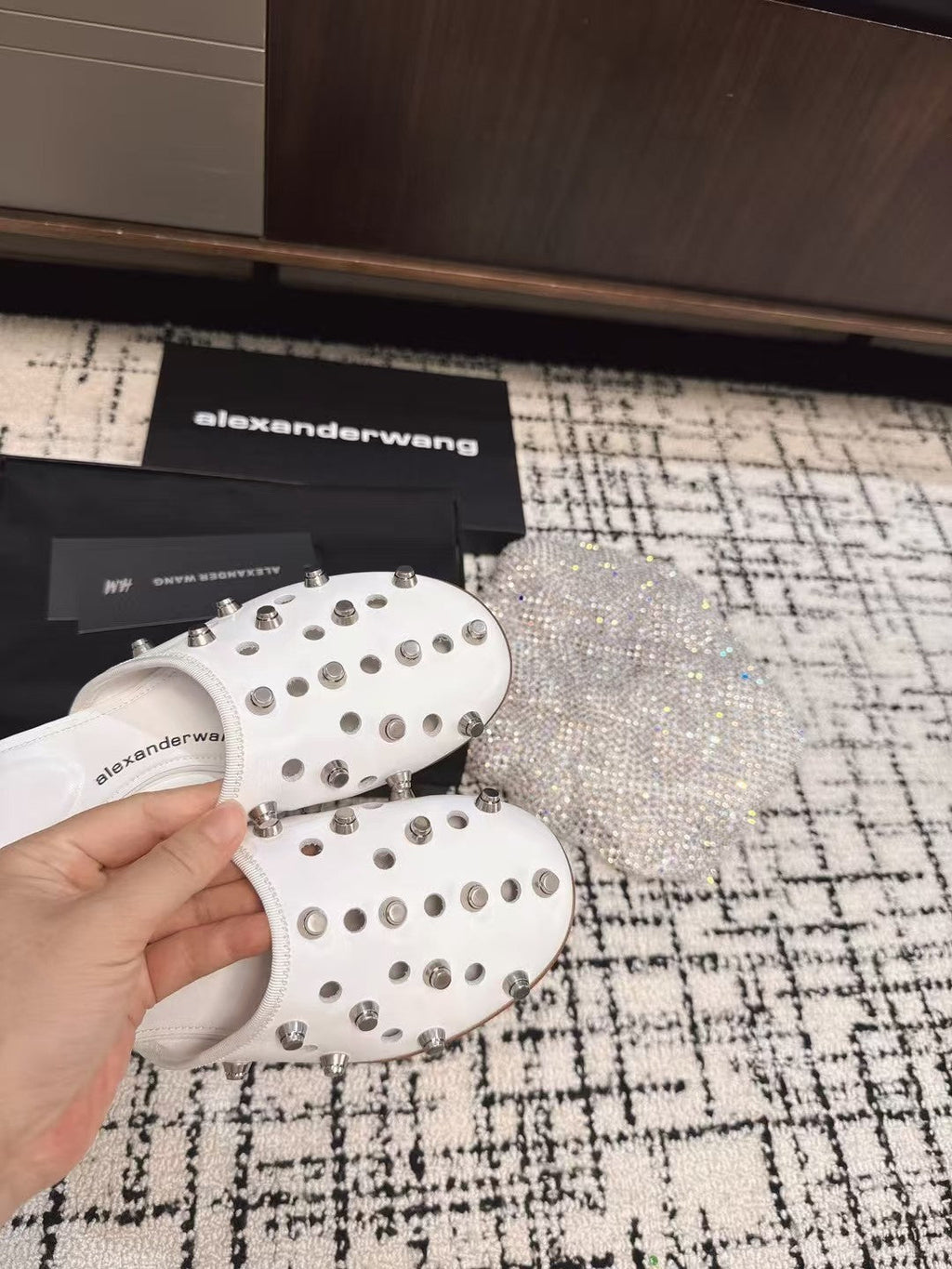 RHODES STUDDED FLAT MULE IN WHITE CALFSKIN
