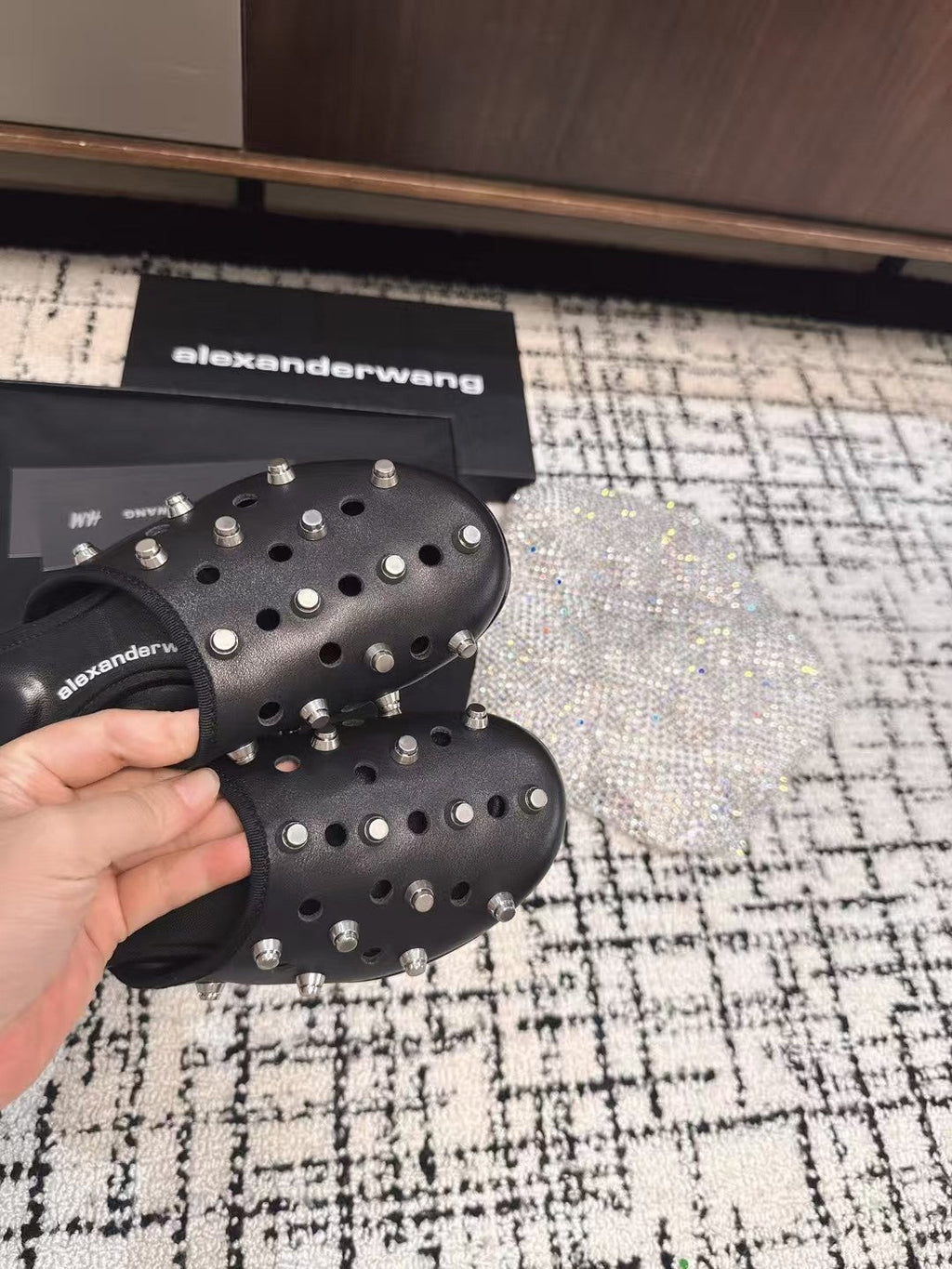 RHODES STUDDED FLAT MULE IN BLACK CALFSKIN