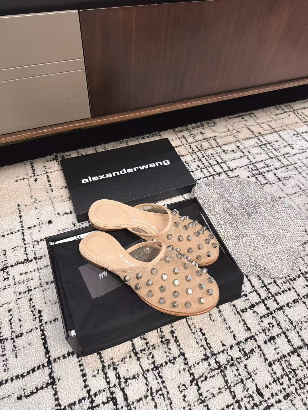 STRASS STUDDED FLAT MULE IN BEIGE MESH UPPER