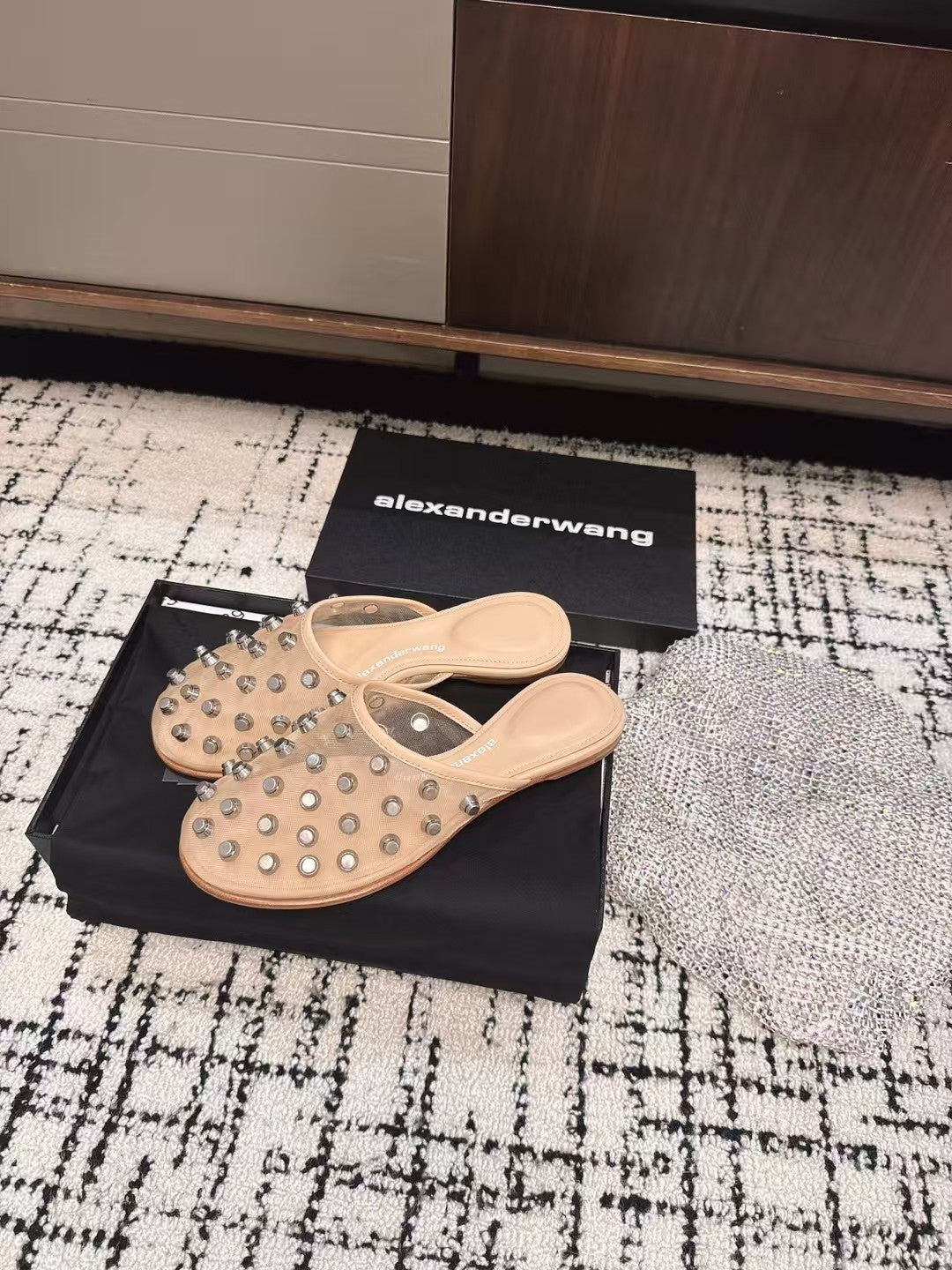 STRASS STUDDED FLAT MULE IN BEIGE MESH UPPER