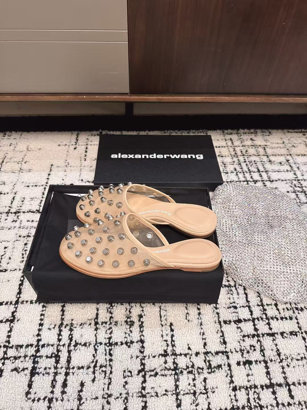 STRASS STUDDED FLAT MULE IN BEIGE MESH UPPER