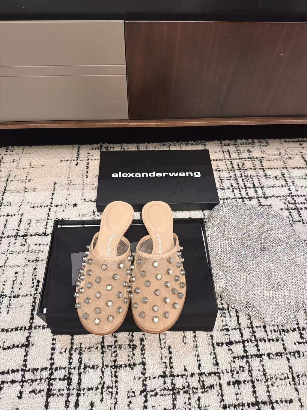 STRASS STUDDED FLAT MULE IN BEIGE MESH UPPER