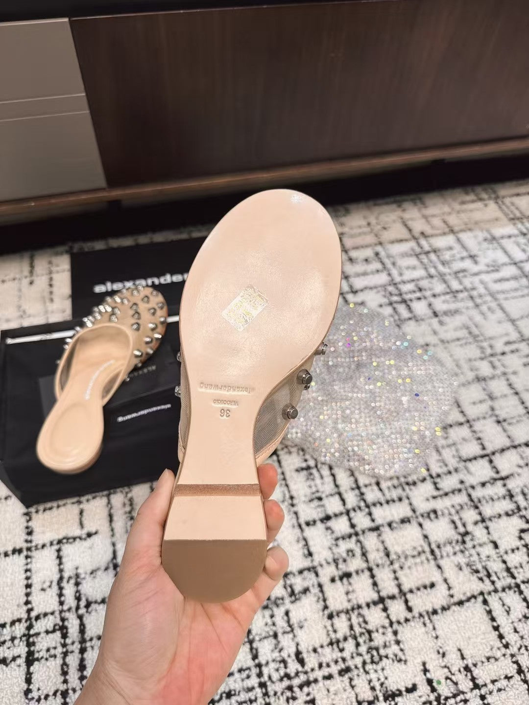 STRASS STUDDED FLAT MULE IN BEIGE MESH UPPER