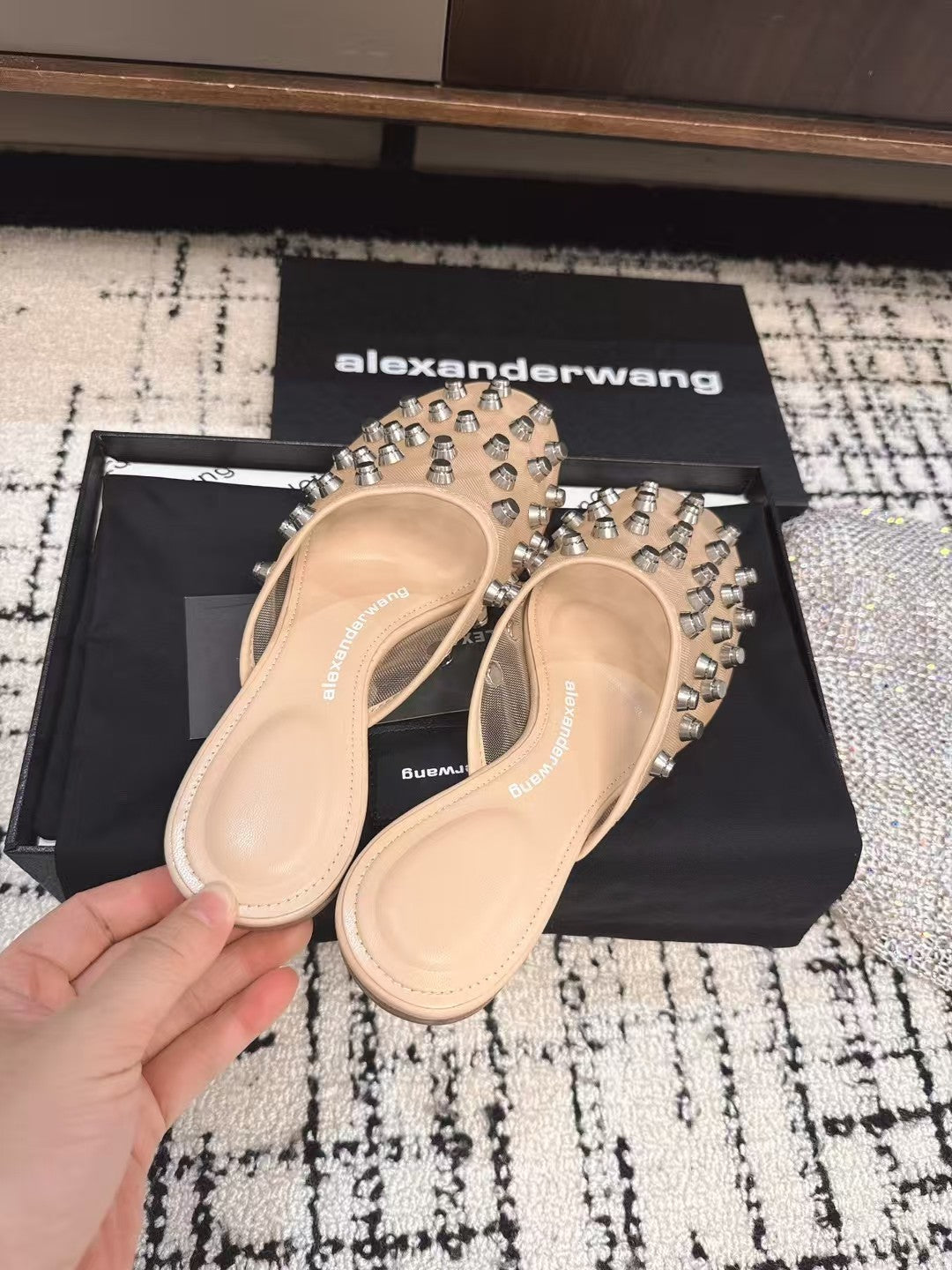 STRASS STUDDED FLAT MULE IN BEIGE MESH UPPER