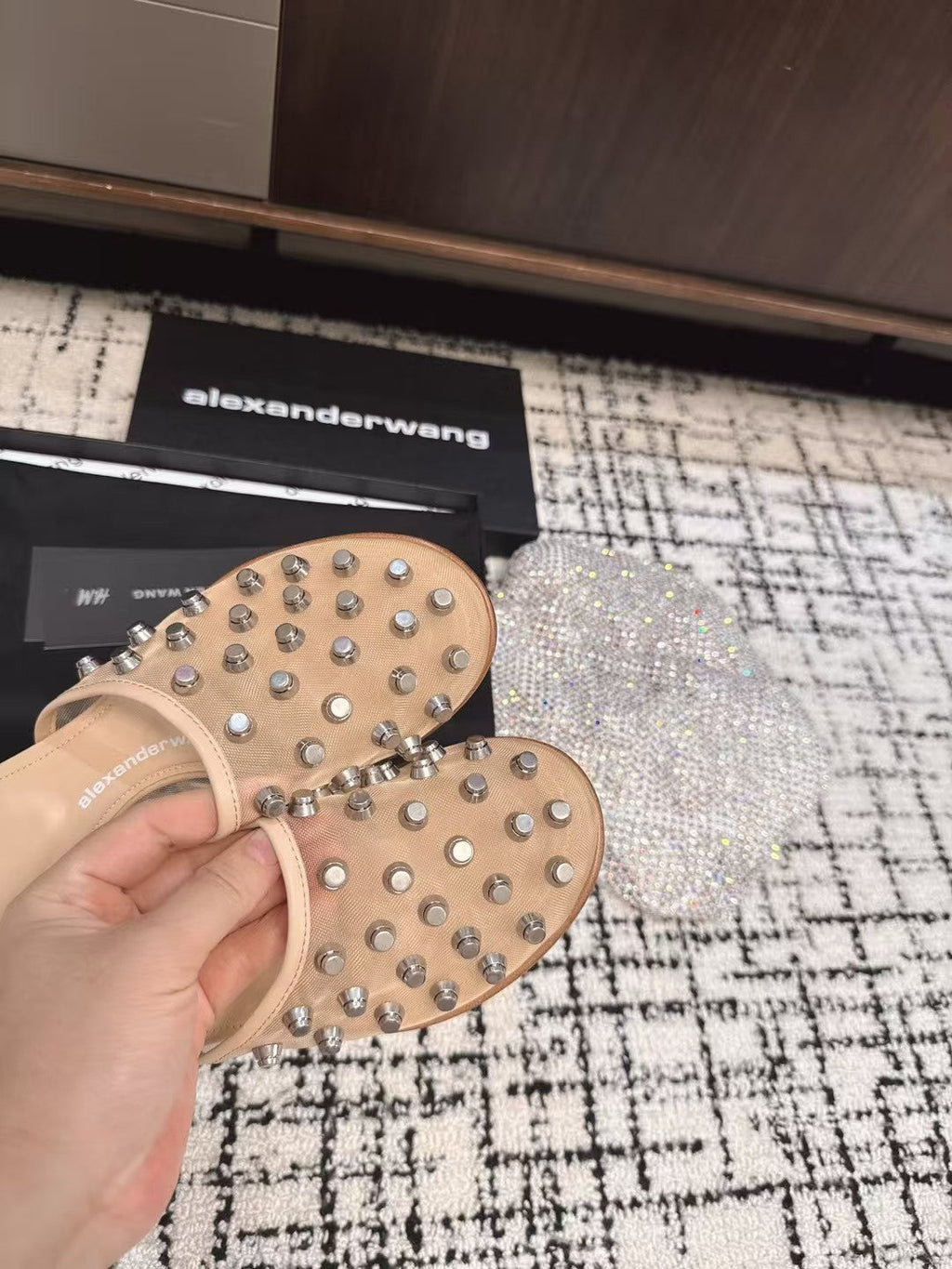 STRASS STUDDED FLAT MULE IN BEIGE MESH UPPER