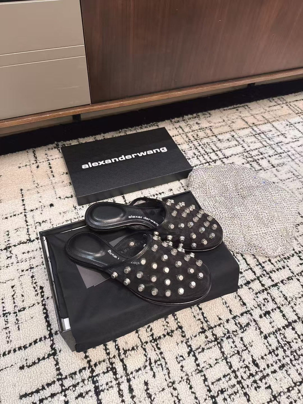 STRASS STUDDED FLAT MULE IN BLACK MESH UPPER