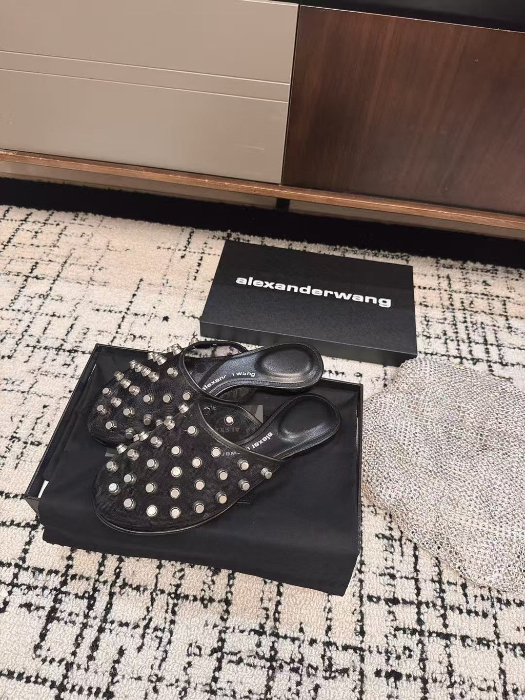 STRASS STUDDED FLAT MULE IN BLACK MESH UPPER